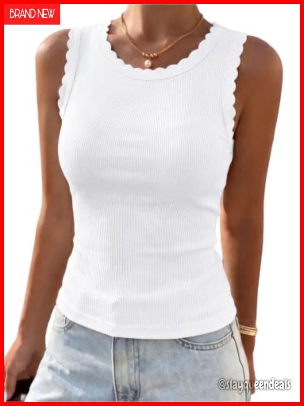Ribbed Knit Fitted Tank Top Sleeveless Ruffle Crew Neck Summer Layering Top